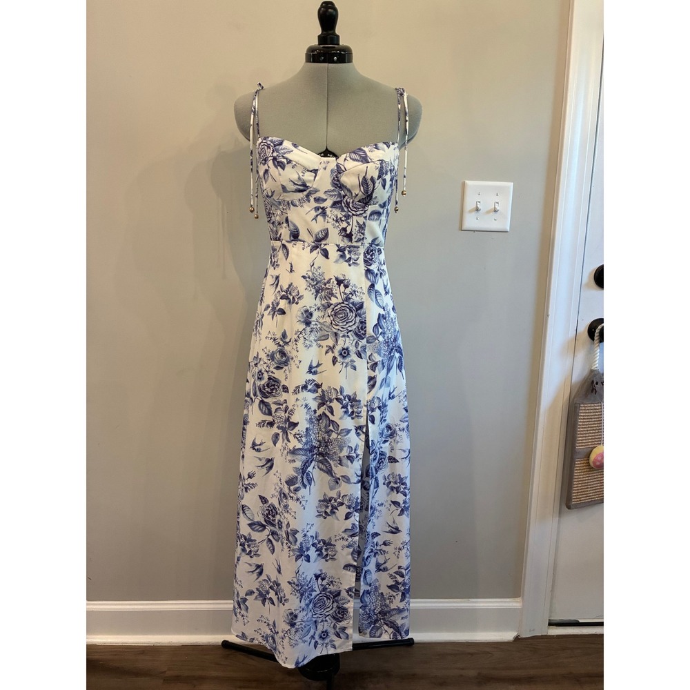 Petal + Pup Blue White Floral Toile Maxi Dress Sweetheart Slit US 4
